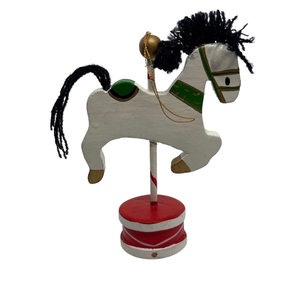 Wooden Carousel Horse Christmas Ornament White Red Yarn Mane 4" Vintage 60s
